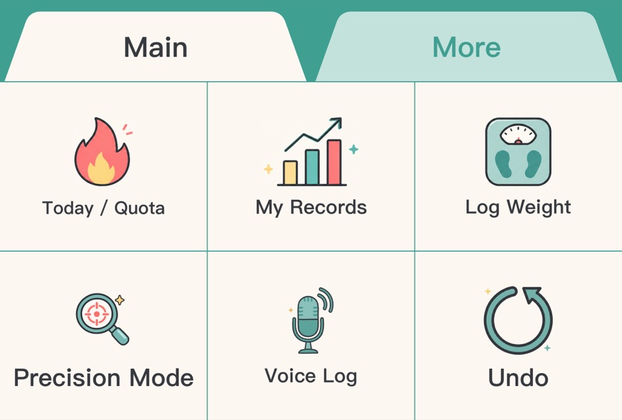 LINE rich menu: Today / Quota, My Records, Log Weight, Precision Mode, Voice Log, Undo